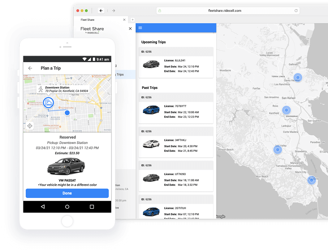 Ridecell Fleet Share: web operations console with upcoming trips list alongside the mobile reservation app