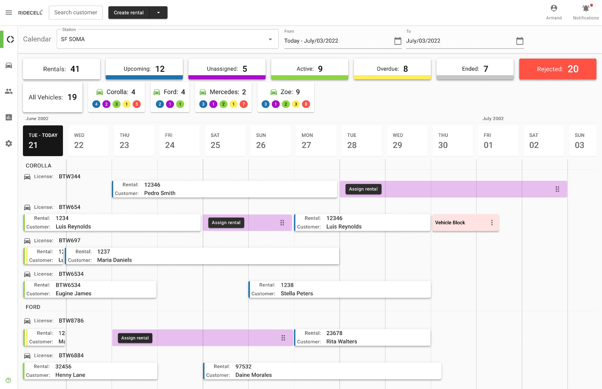 Ridecell rental inventory dashboard with a color-coded calendar view of vehicles and rentals across a station